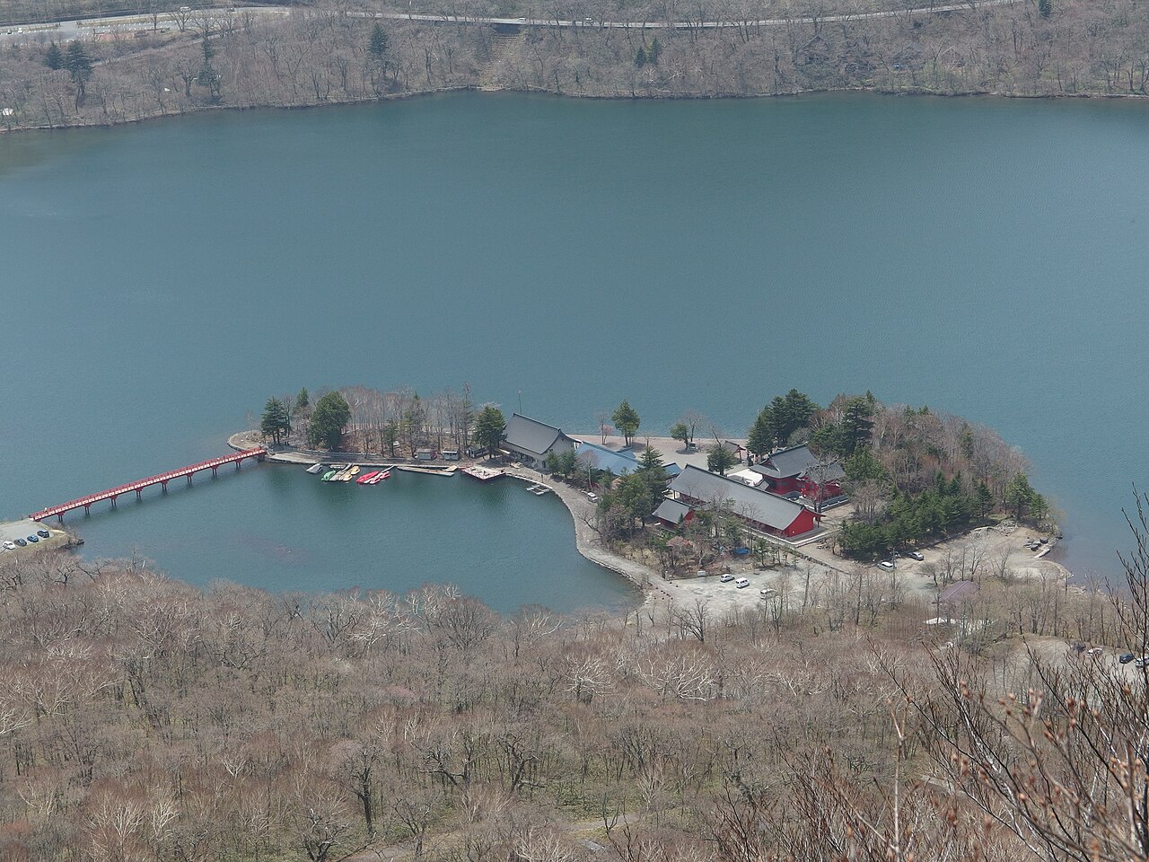 Akagi Shrine and its red bridge on Lake Onuma seen from above