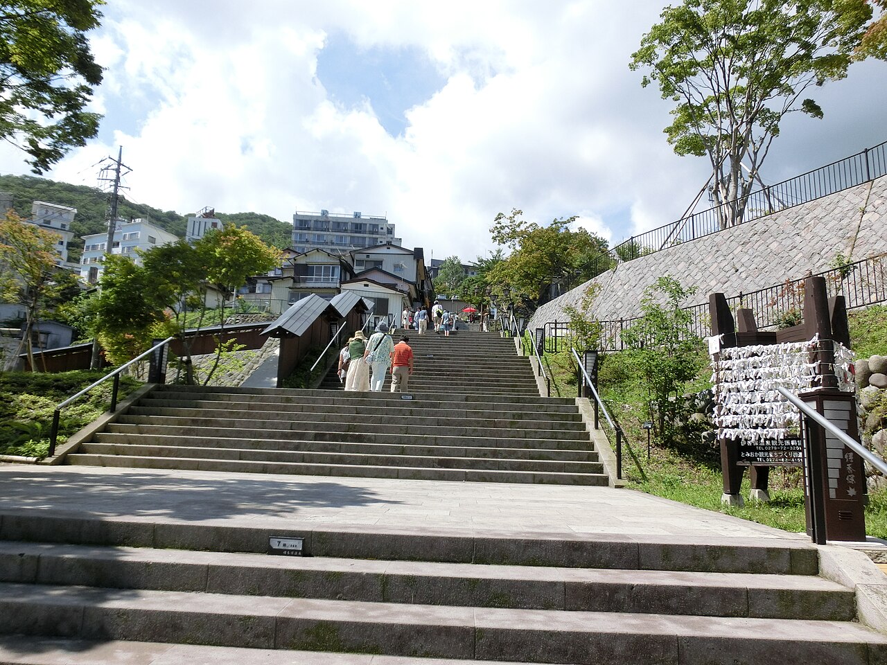 Looking up the Ikaho Onsen stone steps toward the inns at the top